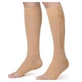 KEKING® Zipper Compression Socks for Men Women, Open Toe, 20-30mmHg Firm Support Knee High Zipper Compression Stockings for Wide Calf - Varicose Veins, DVT, Shin Splints, Edema, Nursing, Beige M