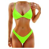 Aqua Eve Women Two Piece Bikini High Cut Swimsuit Triangle Bathing Suit Cheeky Bikini Set Neon Green Small