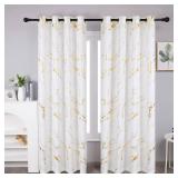 Taisier Home Gold Foil Print Linen Textured Curtains Geometric Marble Pattern Design Curtains for Living Room Light Filtering Window Treatment 2 Panels 72 L,Off White and Gold Curtains Print