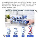 Anpro 2 Pack Soda Can Organizer for Refrigerator, 2 layer Stackable Beverage Dispenser with Lid, Automatic Rolling Beer Soda Can Holder for Fridge, Pantry, Includes 4 Slot Strip