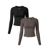 OQQ Womens 2 Piece Shirts Long Sleeve Crew Neck Ruched Stretch Basic Fitted Tee Shirts Tops Black Tea Leaf Small