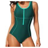 beautyin Women Swimsuit One Piece Zip Front Competition Racerback Lap Swimwear Green