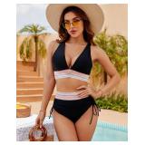 Blooming Jelly Womens High Waisted Bikini Tummy Control Color Block Swimsuits Two Piece Bathing Suit (L, Black)