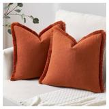 Woaboy Pack of 2 Fall Pillow Covers Ramie Linen Throw Pillow Covers DecorativePillow Covers Farmhouse Style Boho Cushion Covers Rust Pillow Covers with Fringe for Living Room 20x20 Inch