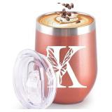 Initial Tumbler, Monogrammed Gifts for Women, 12oz Stainless Steel Monogram Tumbler Wine Coffee Mug with Lid for Birthday Gifts, Personalized Drinking Cup for Family Friend Sister.(Rose Gold/K)