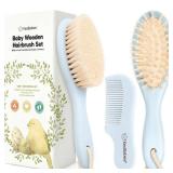 Baby Hair Brush and Comb Set for Newborn - Wooden Baby Hair Brush Set with Soft Goat Bristle, Baby Brush Set for Newborns, Baby Brush and Comb Set Girl, Boy, Toddler Cradle Cap Brush (Oval, Frost)