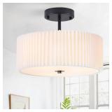 Bargeni Semi Flush Mount Ceiling Light,12.5 inch Ceiling Light Fixture,Black Flush Mount Light Fixture with Pleated Fabric Drum Shade,Light Fixtures Ceiling Mount for Bedroom,Living Room,Hallway