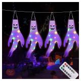 Halloween Decorations Ghost Windscoks Lights - 19.4Ft Outdoor Hanging Ghost Lights, Each String 4 Ghosts with 40 LEDs, Halloween Scary Decor for Tree Yard Garden Outdoor Indoor (Multicolor)