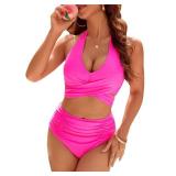 Blooming Jelly Womens Tummy Control Bathing Suits High Waisted Bikini Sets Modest 2 Piece Swimsuit (Large, Hot Pink)