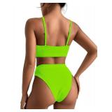 Lilosy High Waisted Tummy Control Bikini Ribbed Sporty Brazilian Swimsuit Set Women Highwaisted Cheeky Cut Leg Rise Bottom Crop Push Up Top 2 Piece Bathing Suit Lime Green X Large