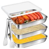 Akamino 3 Pcs Stainless Steel Breading Trays,10.4 x 7.7 x 1.9 Inch Large Breading Pan with Lids & Tong for Dredging Chicken Breasts and Marinating Meat, Food Prep Trays for Fish, Panko, Schnitzel