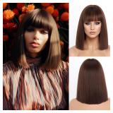 BESTUNG Short Brown Bob Wigs with Bangs,Short Straight Bob Brown Wigs for Women Hair Bob Cut Wig Shoulder Length Wig,Natural Looking Cosplay Daily Party Wig Halloween(12Inch)