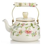 Jucoan 2.6 Quart Vintage Enamel Tea Kettle, Green Floral Enamel on Steel Stovetop Water Kettle Teapot with Porcelain Handle for Home Kitchen Tea Party, Gift for Christmas New Year Housewarming