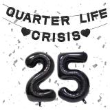 25th Birthday Decoration for Women, Quarter Life Crisis Black Happy Birthday Banner Black 25 Balloons Numbers Give Her Cheering 25th Birthday Gift Black 25th Birthday Party Supplies