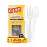 Glad Crystal Clear Assorted Plastic Cutlery - 24 Count Fork Knife and Spoon Set - Reusable Heavy Duty Plastic Utensils - Assorted Disposable Spoons, Forks, Knives - Perfect Plastic Ware for Parties