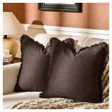 AmHoo Pack of 2 Linen Pillow Covers with Tassels Fringed Decorative Rustic Natural Throw Pillowcase Cushion for Couch Sofa Bedroom 18 x 18-Inch Brown