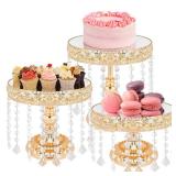 3 PCS Round Cake Stand with Crystal Bling Pendants European Style Lace Cake Plate Golden Premium Display Stand with Crystal Bling Pendants Dessert Showcase Set for Birthday Parties,Wedding,Banquet