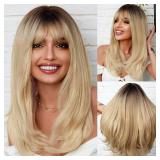 HAIRCUBE Ombre Blonde Long Straight Wig with Bangs Dark Root Long Hair With Bangs Natural Appearance Heat-resistant Synthetic Wig Daily Play Party Suitable For Fashionable Women 20Inches