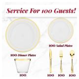 Prestee 600-piece Disposable Party Dinnerware Set for 100 Guests - Gold Dinnerware Sets Disposable with Plates, Cups, Knives, Forks, Spoons - Elegant Reusable Wedding Reception and Events Supplies