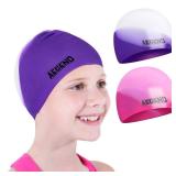 Aegend 2 Pack Kids Swim Cap for Girls Boys Age 3-8, Waterproof Swim Cap Kids Durable Silicone Kids Swimming Cap for Boys Girls Youths, Comfortable Fit Swim Cap for Long Hair, Purple & Pink