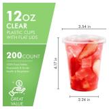 FOCUSLINE 200 PACK 12oz Clear Plastic Cups, Disposable Cold Drinking Cups, 12 Ounce Clear Cups with Flat Lids with Holes for Smoothie, Milkshake, Bubble Tea, Parfait