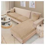 NAISI Sectional Couch Cover 4 Pieces Velvet Separate Couch Cushion Covers L Shape Soft Stretch Sofa Slipcovers with 2pcs Pillowcases for Left/Right Chaise Sectional Couch(3 Seater+1 Chaise,Camel)