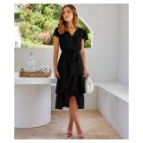 BTFBM Women Casual V Neck Dresses Boho Short Sleeve Chiffon Swiss Dot Belted Ruffle Wrap 2024 Summer Wedding Party Dress(Swiss Dot Black, XX-Large)