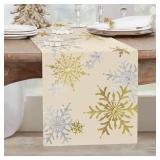 Bonhause Winter Snowflakes Table Runner 13x90 Inch Silver & Gold Christmas Winter Holiday Kitchen Dining Table Decoration for Indoor Outdoor Home Party Decor