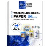 Printers Jack Water Slide Decal Paper Inkjet WHITE 20 Sheets A4 Size Premium Water-Slide Transfer Paper Printable Water Slide Decals for Tumblers, Mugs, Glasses DIY