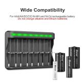 BONAI AA AAA C D SC Battery Charger with Detection Function, USB High-Speed Charging, Independent Slot, 8 Bay Household Battery Charger for Ni-MH Ni-CD Rechargeable Batteries