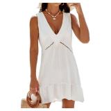 BMJL Womens Swimsuit Cover Up V Neck Bathing Suit Cover Ups Eyelet Tank Beach Coverups Swimwear Dress(L,White)