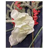 Supplies for the Creation of Customized Flower Arrangements: One White Poinsettia Spray, Teo Frosted Red Berry and Pine Sprays, Three Red Poinsettia Sprays, and Two Short While Berry Stems