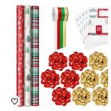 Hallmark Rustic Red and Green Christmas Wrapping Paper Set (90 sq. ft. ttl, 10 Bows, 4 Ribbon Colors, 40 Gift Tag Stickers) Snowflakes, Trees, Plaid