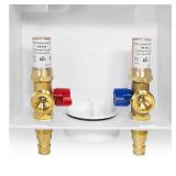 Washing Machine Outlet Box, 1/2" Pex-A F1960 Expansion Connection x 3/4" MHT Connection, with Copper Water Hammer Arrestor, Center Drain with Brass 1/4 Turn Valves Installed