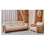 Safavieh CPT1008A Couture Guadeloupe Brazilian Teak Outdoor 3-Seat Patio Sofa, Natural/White - Retail: $1070.50