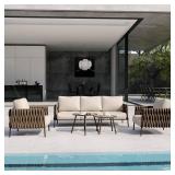 EAST OAK Life Chatter Patio Furniture Set 5 Pieces, Outdoor Furniture 5-Seat Sofa with Two Round Coffee Table, Waterproof Thick Cushion Deep Seating for Porch, Balcony, Chestnut Brown & Creamy Apricot