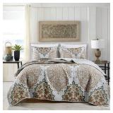 Jaba 3-Piece Fine Printed King Size Quilt Set, All Season Bedspread, Gevira Lightweight Coverlet with Pillow Shams Summer Bed Cover in Orange, Grey and Brown with Elegant Medallion Pattern