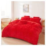 FOPPA Christmas red Comforter Cover Set Queen - Ultra Soft Plush red Bedding Sets 3 Pieces (1 Faux Fur Duvet Cover + 2 Faux Fur Pillow case) red Bed Set Queen (Red, Queen)