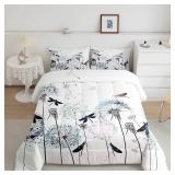 Dragonfly Dandelion Comforter Set Queen Size,Colorful Animals Plants Bedding Quilt for Kids Girls Woman Adult Room Decor,Nature Spring Garden Bedspread White Boho Duvet Insert,2 Pillowcases