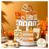 Umigy 14 Pcs Thanksgiving Tiered Tray Decorations Set Fall Pumpkin Farmhouse Table Decor Autumn Gnome Truck Wooden Sign Hello Fall Rustic Table Centerpieces Harvest Wood Blocks Signs for Home Decor