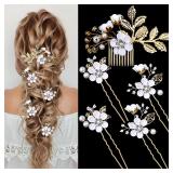 5 Pieces Bridal Flower Wedding Hair Pins Crystal Pearl Hair Pins Clips Headpiece Gold Wedding Hair Accessories Jewelry with Rhinestone for Brides Bridesmaids Women Girls Updo(Pure White Flower)