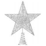 Christmas Tree Toppers Xmas Glitter Silver Hollow Star Treetop Topper for Christmas Tree Decoration