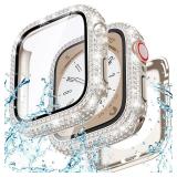 Goton 2-in-1 Waterproof Bling Case for Apple Watch 44mm Series 6 5 4 SE SE2 Screen Protector, Glitter Diamond Rhinestone Bumper Face Cover for iWatch 44 mm Accessories Women