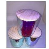 Candle Holder Iridescent With Wooden Lid, 4 in W x 5 in T (Set of 3)