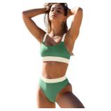 ZINPRETTY Women High Waisted Bikini Set Color Block Swimsuit 2 Piece High Cut Bathing Suit Tummy Control Teens Cheeky