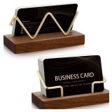 Amyhill 2 Pieces Wood Business Card Holder for Desk Wooden Business Card Display Stand Postcard Holder for Office Home Desktop (Wood Color, Gold)