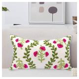 Alysheer Flower Embroidered Summer Decorative Lumbar Throw Pillow Cover 12"x 20", Farmhouse Cottage Hot Pink Floral Green Leaves Patterned Cotton Canvas Cushion Case for Sofa Couch Bed Living Room