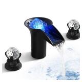 SKOWLL Waterfall Bathroom Faucet 3 Hole Widespread LED Vanity Sink Faucet Modern Lavatory Faucet with 2 Crystal Handle, Matte Black - Retail: $109.55