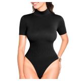 MANGOPOP Mock Turtleneck Short Sleeve Bodysuit for Women Thong Shapewear Tummy Control Ribbed Seamless(Medium,Black)