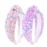 Lanmerry Sequin Knotted Headbands - Sparkly Pink Glitter Velvet Hair Accessories for Girls, Kids 2Pcs